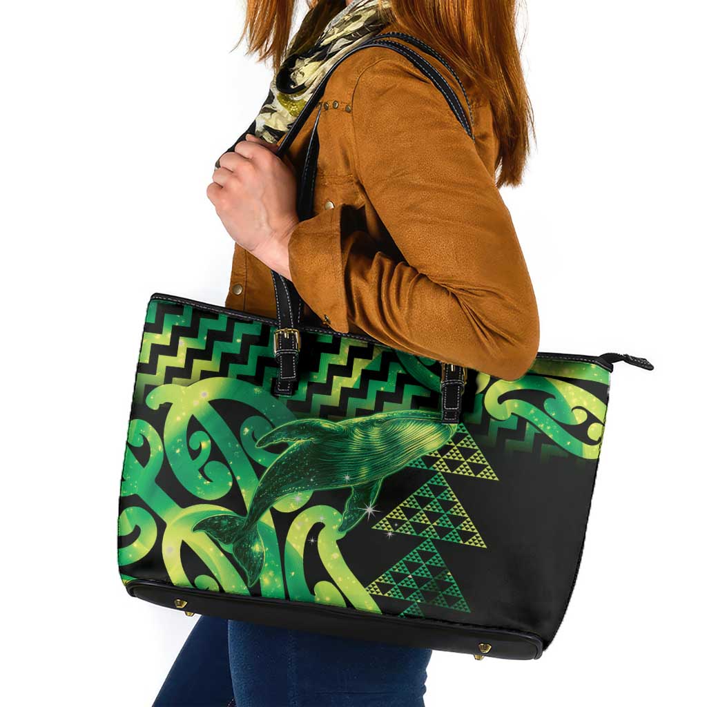 Humpback Whale Matariki New Zealand Leather Tote Bag NZ Maori Paikea Poutama Luxury Green LT14 Green - Polynesian Pride
