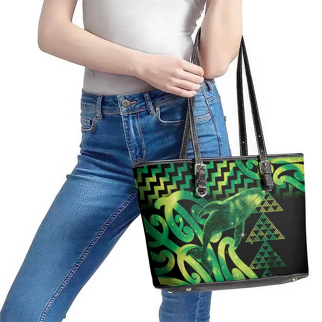 Humpback Whale Matariki New Zealand Leather Tote Bag NZ Maori Paikea Poutama Luxury Green LT14 - Polynesian Pride