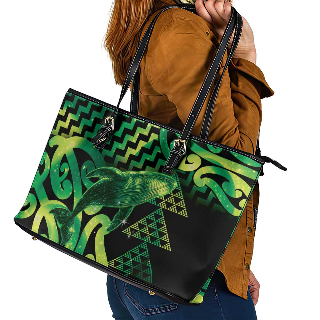 Humpback Whale Matariki New Zealand Leather Tote Bag NZ Maori Paikea Poutama Luxury Green LT14 - Polynesian Pride