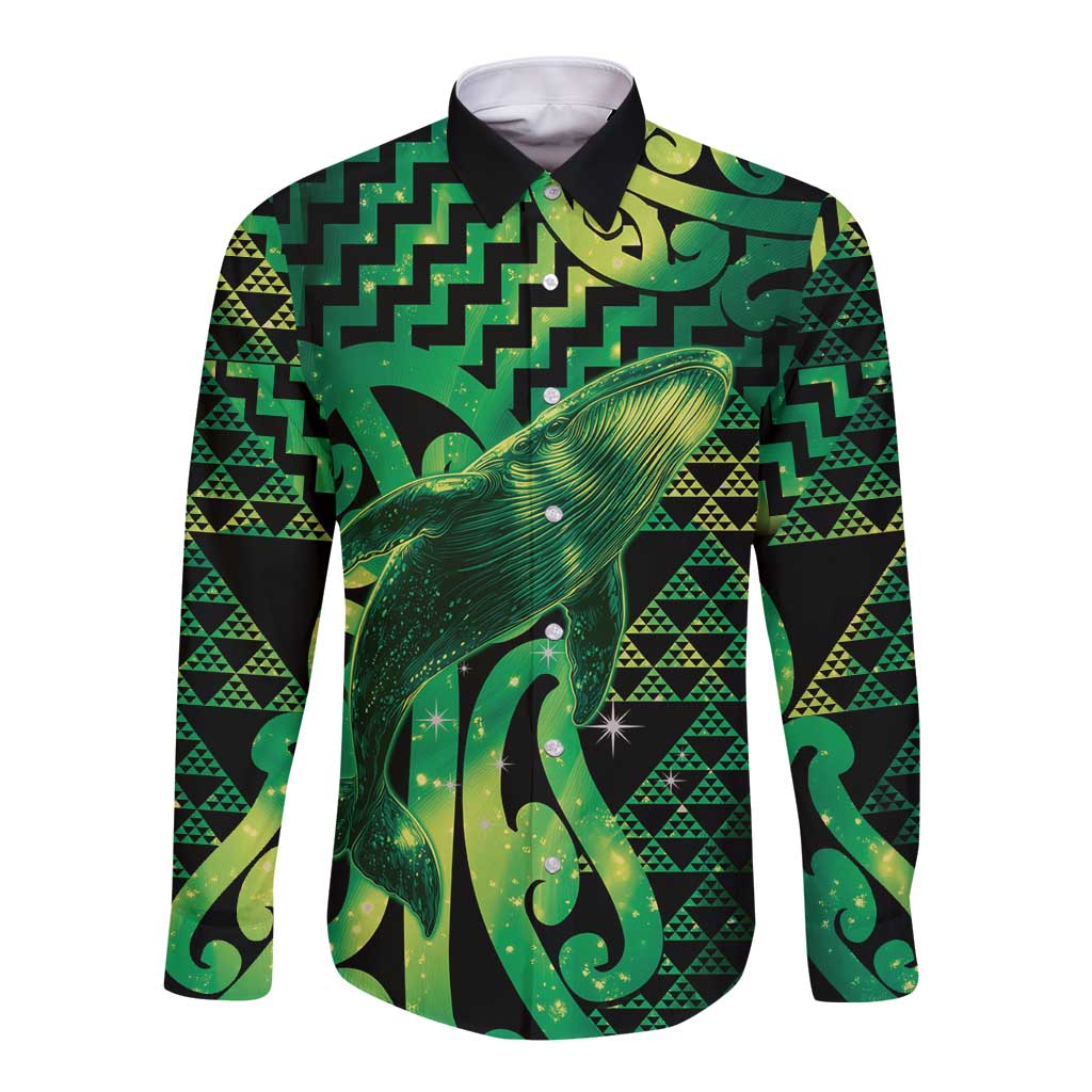 Humpback Whale Matariki New Zealand Long Sleeve Button Shirt NZ Maori Paikea Poutama Luxury Green