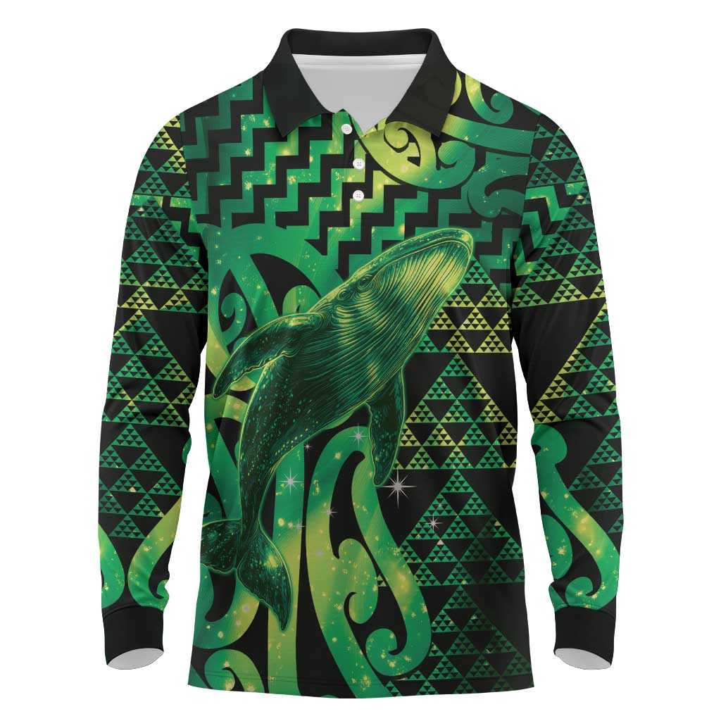 Humpback Whale Matariki New Zealand Long Sleeve Polo Shirt NZ Maori Paikea Poutama Luxury Green