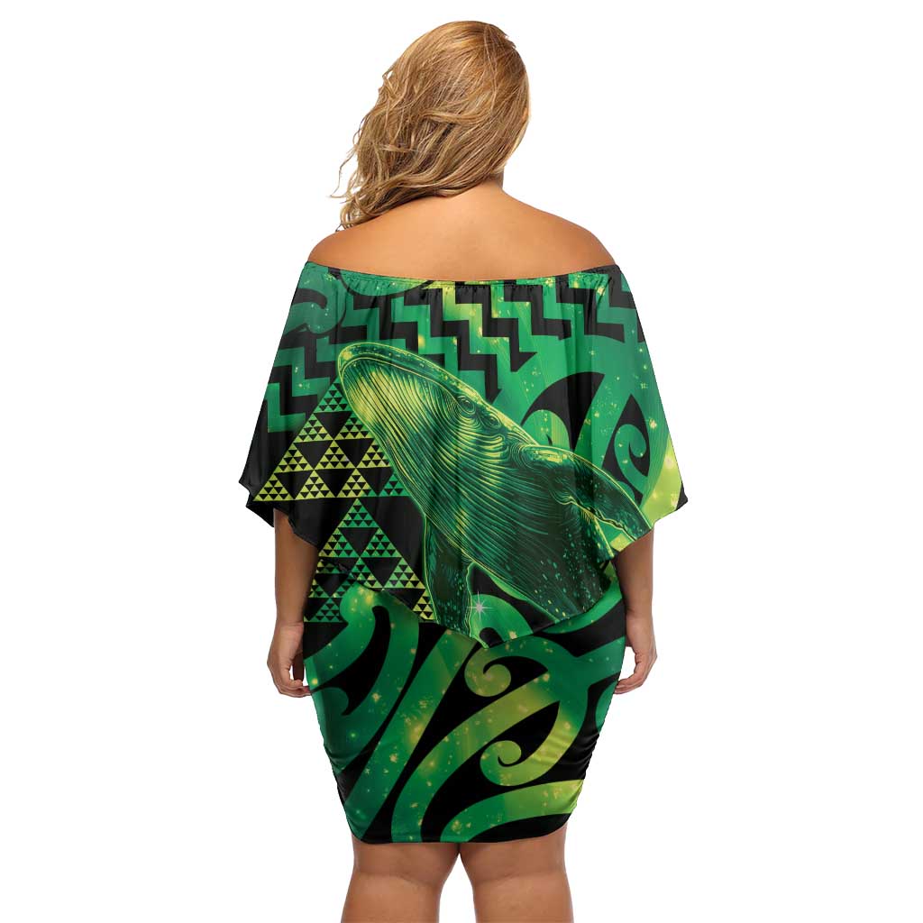 Humpback Whale Matariki New Zealand Off Shoulder Short Dress NZ Maori Paikea Poutama Luxury Green LT14 - Polynesian Pride