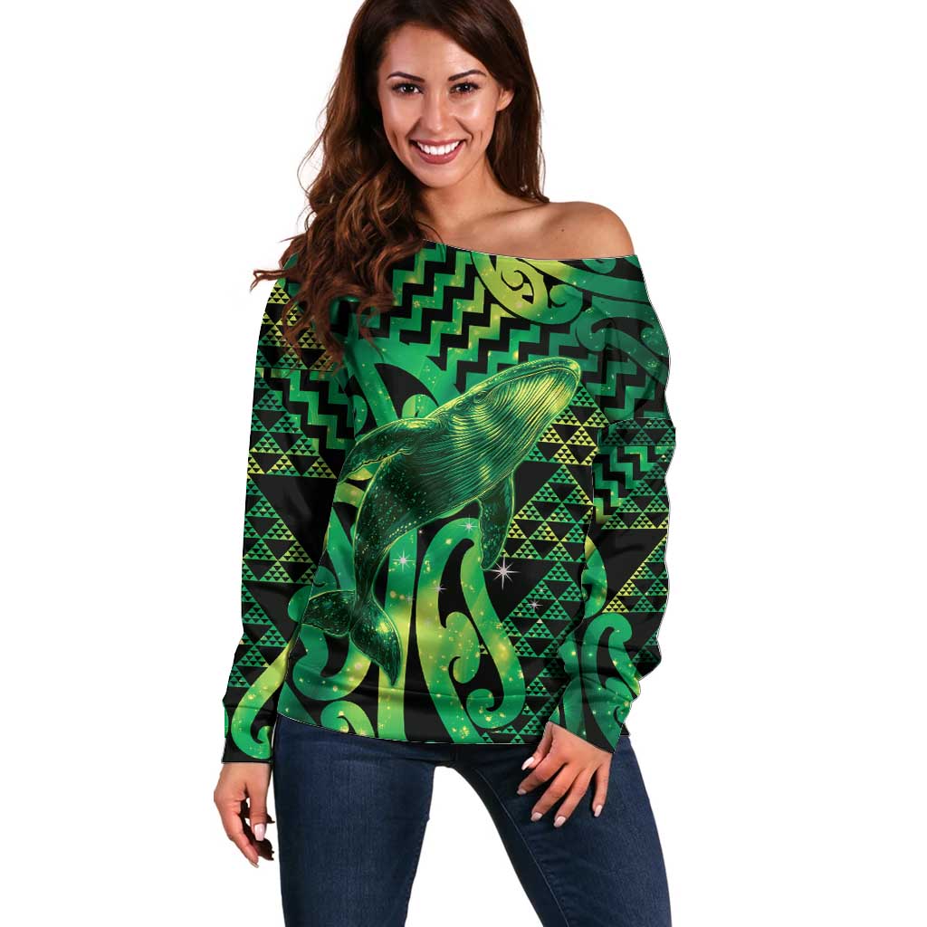 Humpback Whale Matariki New Zealand Off Shoulder Sweater NZ Maori Paikea Poutama Luxury Green LT14 Women Green - Polynesian Pride