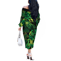 Humpback Whale Matariki New Zealand Off The Shoulder Long Sleeve Dress NZ Maori Paikea Poutama Luxury Green LT14 - Polynesian Pride