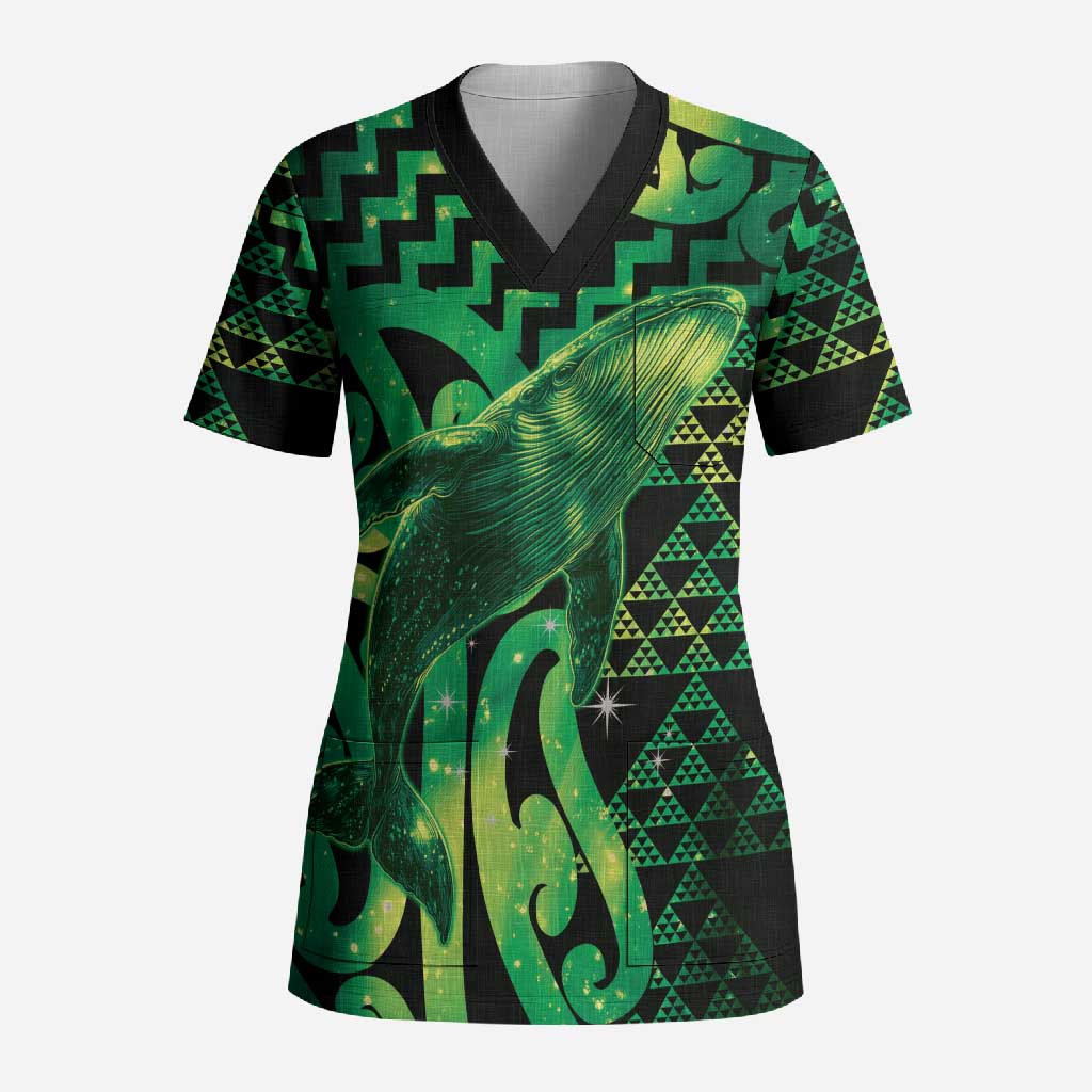 Humpback Whale Matariki New Zealand Scrub Top NZ Maori Paikea Poutama Luxury Green LT14 Adult Green - Polynesian Pride