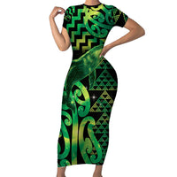 Humpback Whale Matariki New Zealand Short Sleeve Bodycon Dress NZ Maori Paikea Poutama Luxury Green