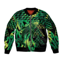 Humpback Whale Matariki New Zealand Sleeve Zip Bomber Jacket NZ Maori Paikea Poutama Luxury Green LT14 Unisex Green - Polynesian Pride
