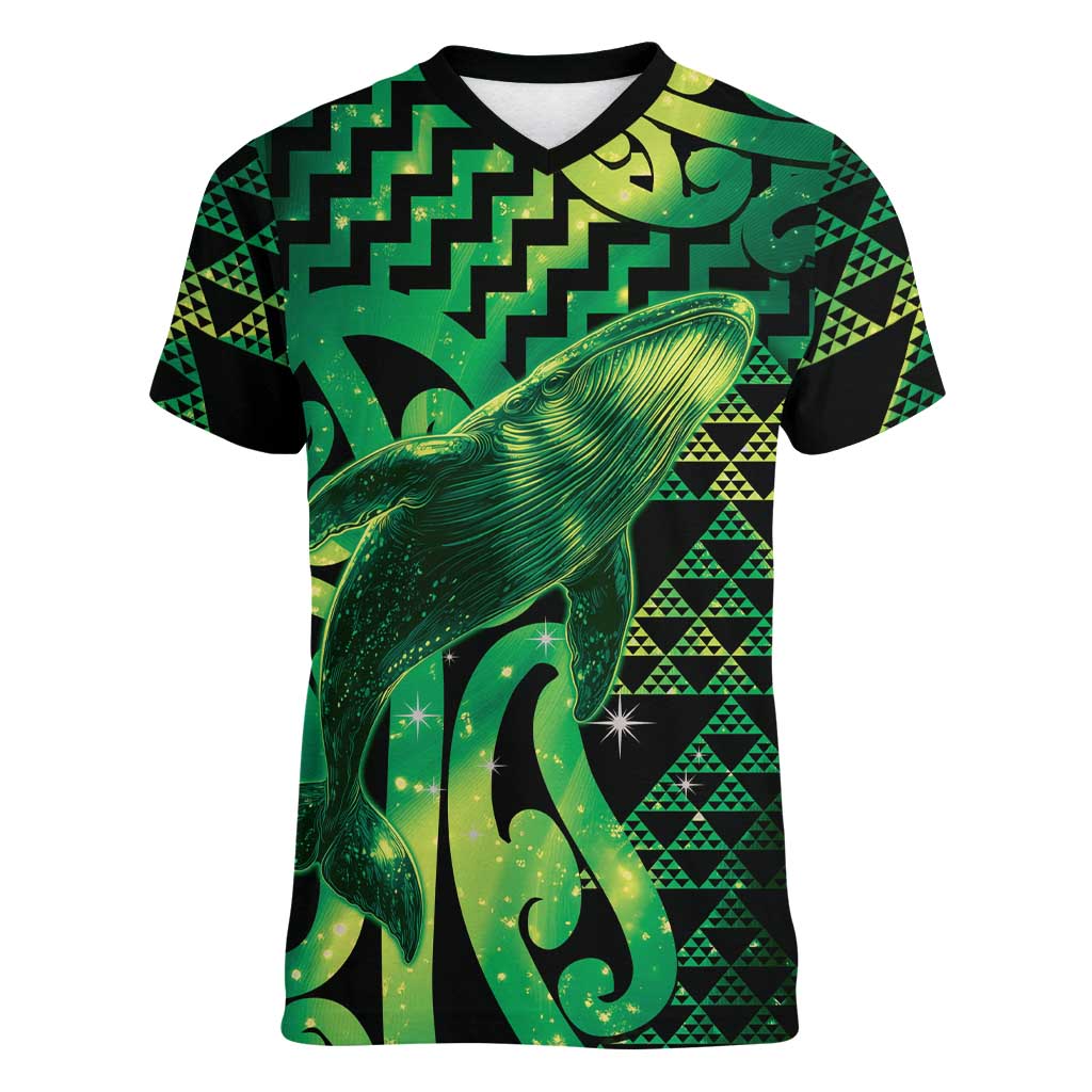 Humpback Whale Matariki New Zealand Women V-Neck T-Shirt NZ Maori Paikea Poutama Luxury Green