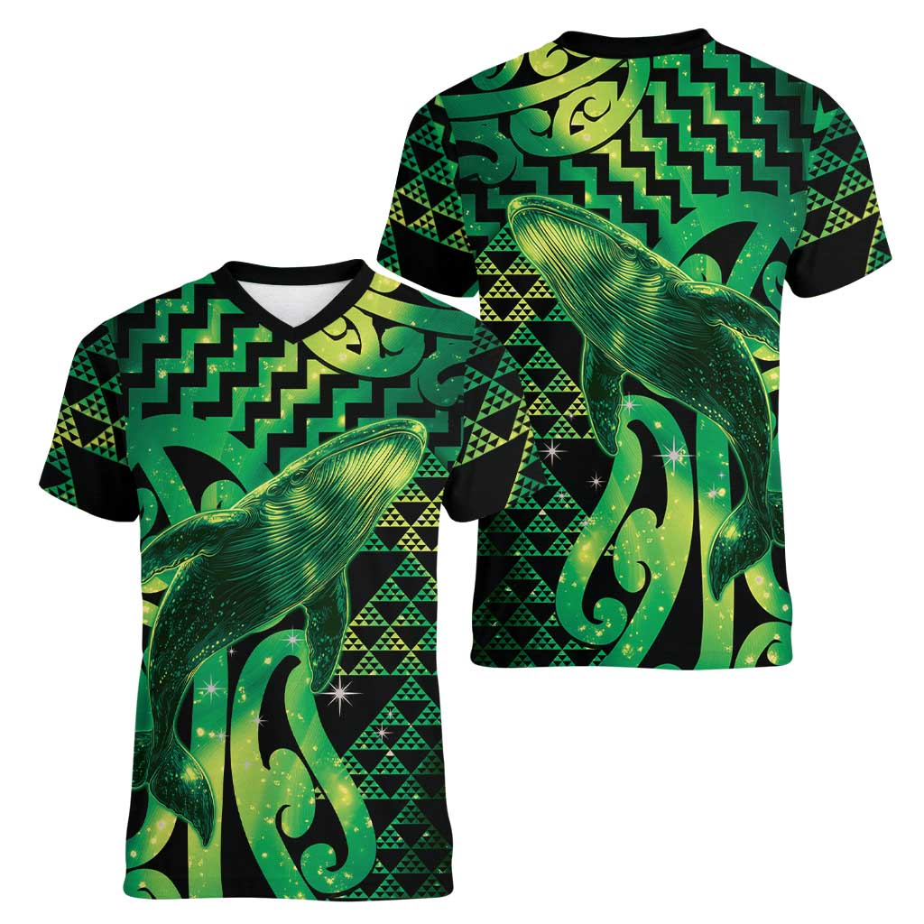 Humpback Whale Matariki New Zealand Women V-Neck T-Shirt NZ Maori Paikea Poutama Luxury Green LT14 - Polynesian Pride