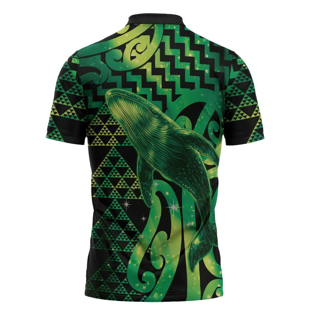 Humpback Whale Matariki New Zealand Zipper Polo Shirt NZ Maori Paikea Poutama Luxury Green