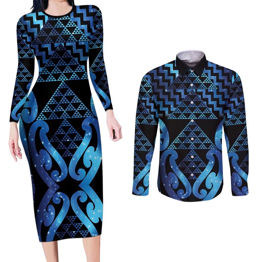 Taniko Motifs Matariki New Zealand Couples Matching Long Sleeve Bodycon Dress and Long Sleeve Button Shirt NZ Niho Taniwha Poutama
