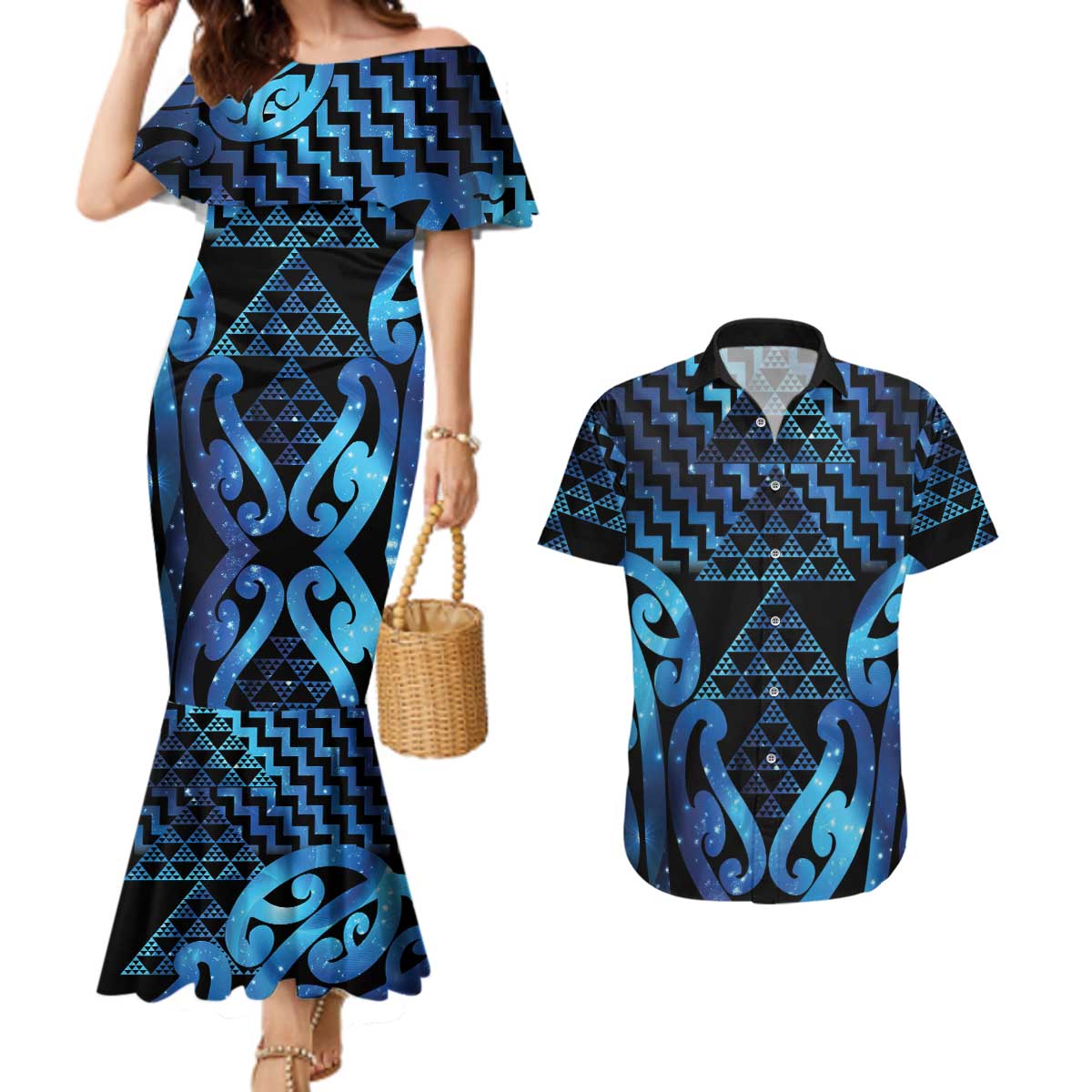 Taniko Motifs Matariki New Zealand Couples Matching Mermaid Dress and Hawaiian Shirt NZ Niho Taniwha Poutama