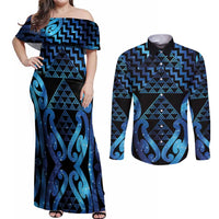 Taniko Motifs Matariki New Zealand Couples Matching Off Shoulder Maxi Dress and Long Sleeve Button Shirt NZ Niho Taniwha Poutama LT14 Blue - Polynesian Pride