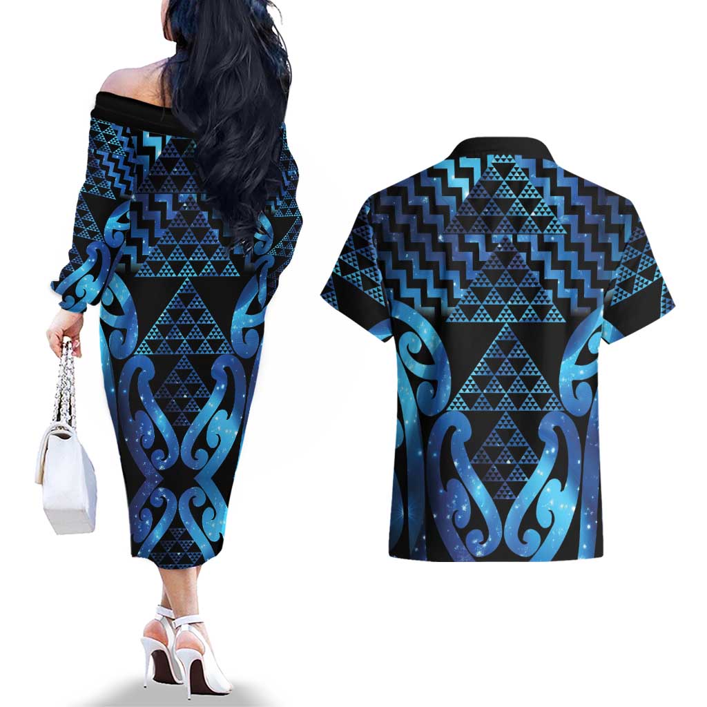 Taniko Motifs Matariki New Zealand Couples Matching Off The Shoulder Long Sleeve Dress and Hawaiian Shirt NZ Niho Taniwha Poutama LT14 - Polynesian Pride