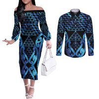 Taniko Motifs Matariki New Zealand Couples Matching Off The Shoulder Long Sleeve Dress and Long Sleeve Button Shirt NZ Niho Taniwha Poutama