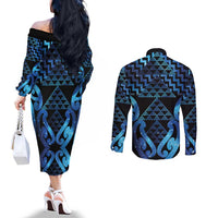 Taniko Motifs Matariki New Zealand Couples Matching Off The Shoulder Long Sleeve Dress and Long Sleeve Button Shirt NZ Niho Taniwha Poutama