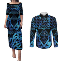 Taniko Motifs Matariki New Zealand Couples Matching Puletasi and Long Sleeve Button Shirt NZ Niho Taniwha Poutama LT14 Blue - Polynesian Pride