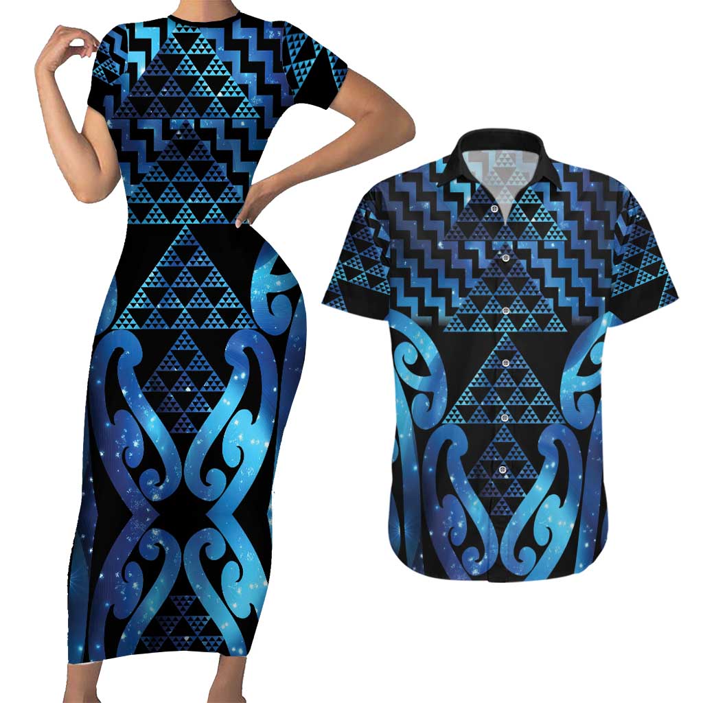 Taniko Motifs Matariki New Zealand Couples Matching Short Sleeve Bodycon Dress and Hawaiian Shirt NZ Niho Taniwha Poutama