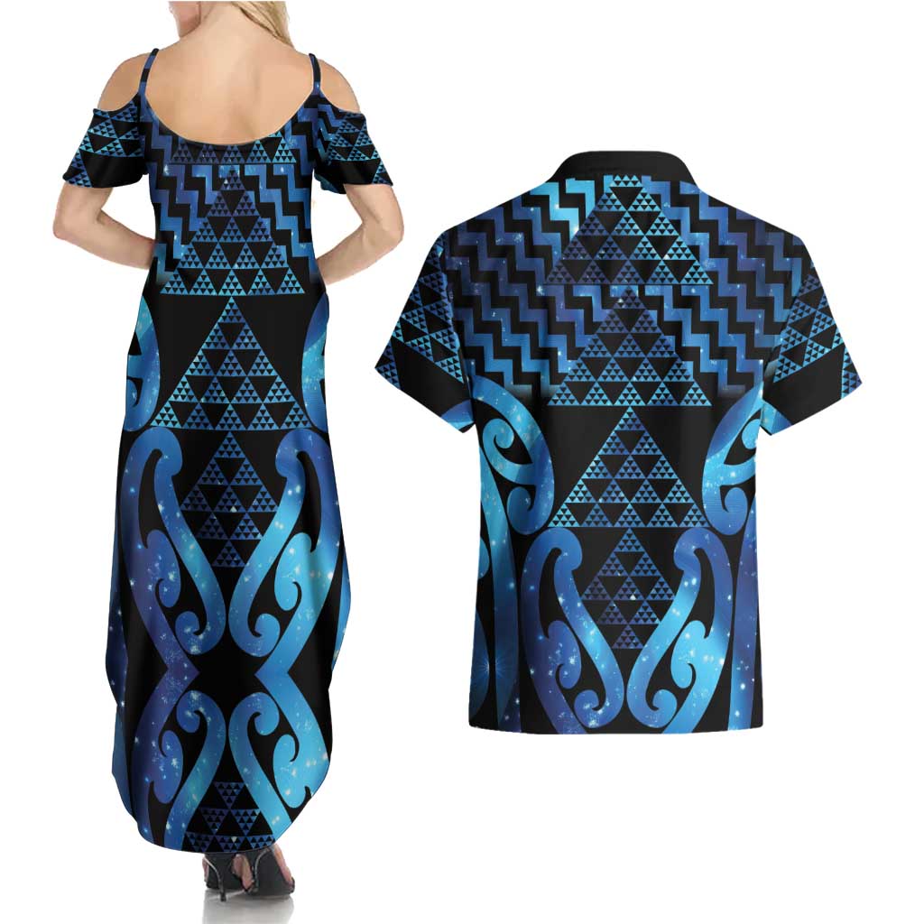 Taniko Motifs Matariki New Zealand Couples Matching Summer Maxi Dress and Hawaiian Shirt NZ Niho Taniwha Poutama