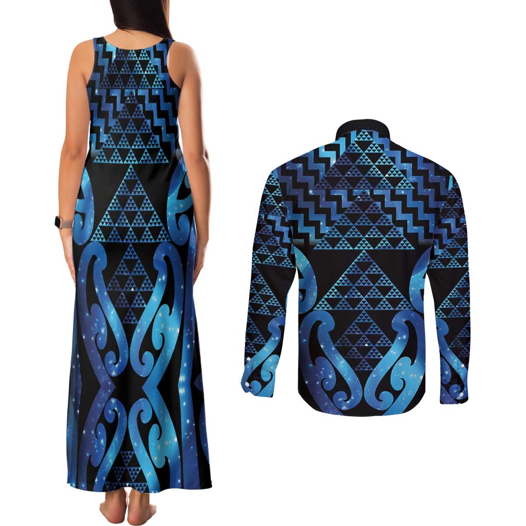 Taniko Motifs Matariki New Zealand Couples Matching Tank Maxi Dress and Long Sleeve Button Shirt NZ Niho Taniwha Poutama