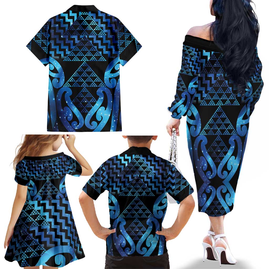 Taniko Motifs Matariki New Zealand Family Matching Off The Shoulder Long Sleeve Dress and Hawaiian Shirt NZ Niho Taniwha Poutama LT14 - Polynesian Pride