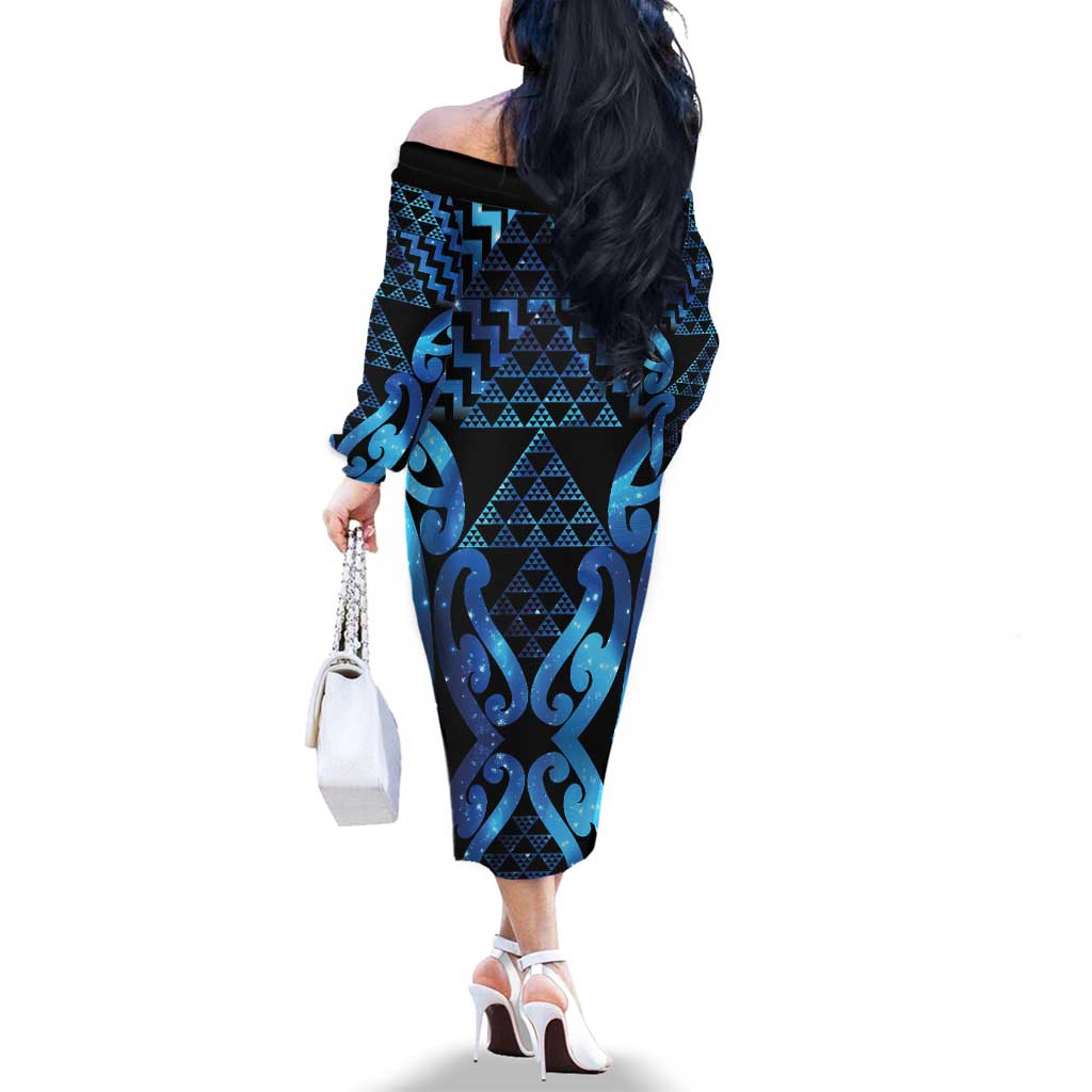 Taniko Motifs Matariki New Zealand Family Matching Off The Shoulder Long Sleeve Dress and Hawaiian Shirt NZ Niho Taniwha Poutama LT14 - Polynesian Pride
