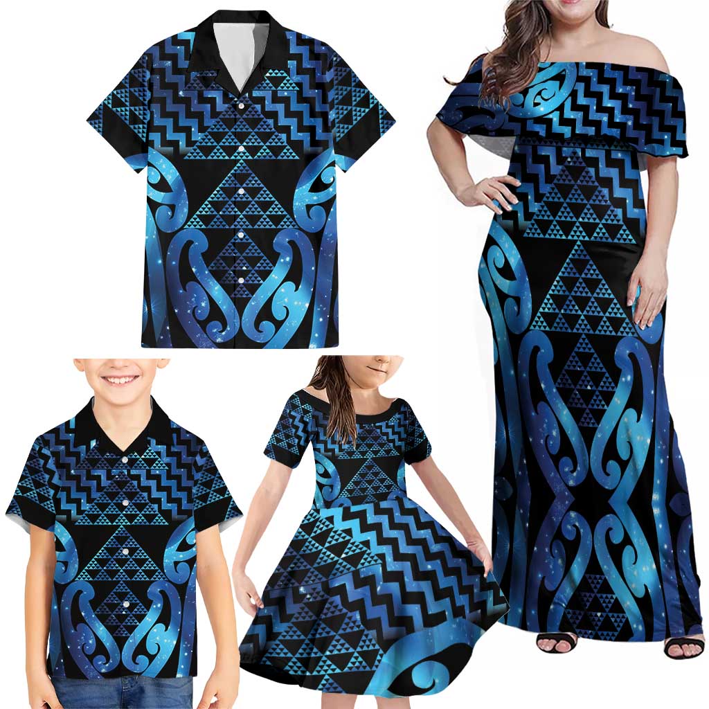 Taniko Motifs Matariki New Zealand Family Matching Off Shoulder Maxi Dress and Hawaiian Shirt NZ Niho Taniwha Poutama LT14 - Polynesian Pride