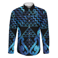 Taniko Motifs Matariki New Zealand Family Matching Off Shoulder Maxi Dress and Hawaiian Shirt NZ Niho Taniwha Poutama LT14 Dad's Shirt - Long Sleeve Blue - Polynesian Pride