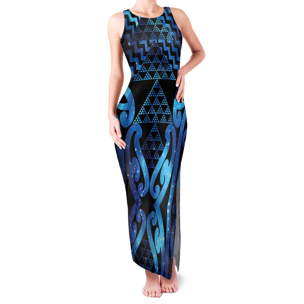 Taniko Motifs Matariki New Zealand Family Matching Tank Maxi Dress and Hawaiian Shirt NZ Niho Taniwha Poutama LT14 Mom's Dress Blue - Polynesian Pride