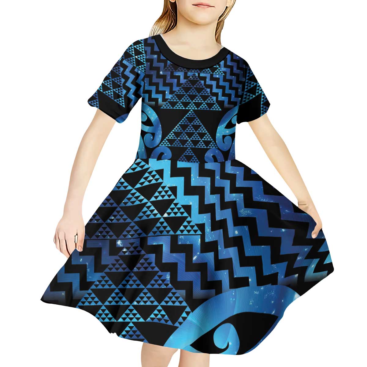 Taniko Motifs Matariki New Zealand Kid Short Sleeve Dress NZ Niho Taniwha Poutama LT14 - Polynesian Pride