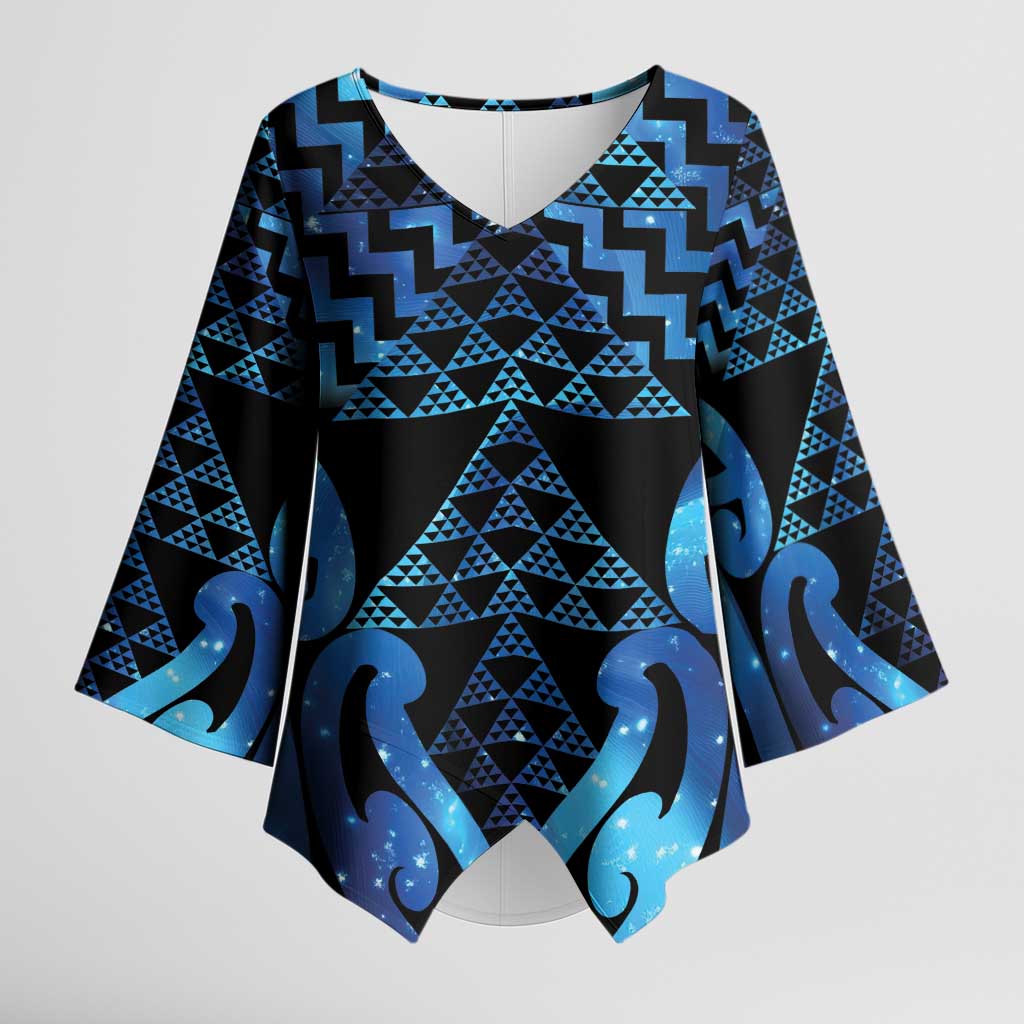 Taniko Motifs Matariki New Zealand Kimono Sleeve Blouse NZ Niho Taniwha Poutama LT14 Female Blue - Polynesian Pride