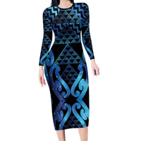 Taniko Motifs Matariki New Zealand Long Sleeve Bodycon Dress NZ Niho Taniwha Poutama LT14 Long Dress Blue - Polynesian Pride