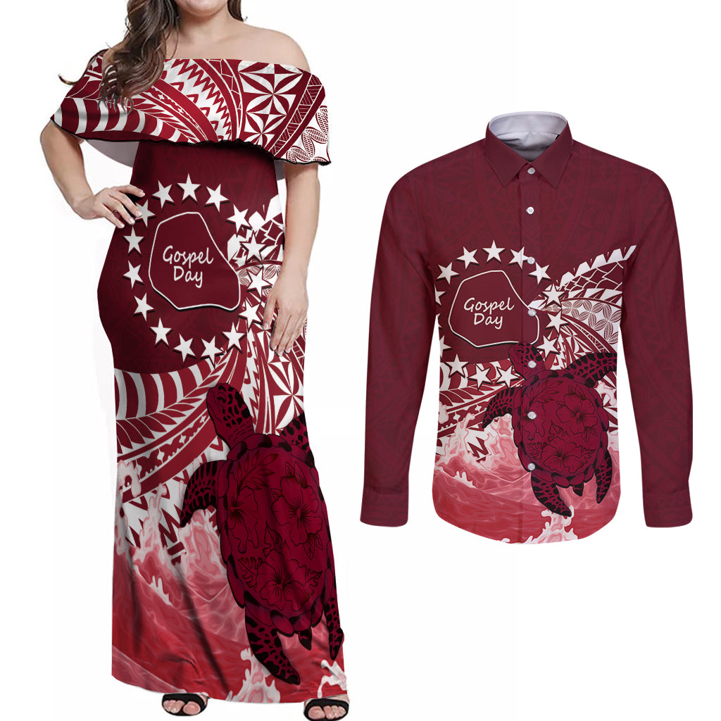 Cook Islands Mangaia Gospel Day Couples Matching Off Shoulder Maxi Dress and Long Sleeve Button Shirt Polynesian Art With Sea Turtle