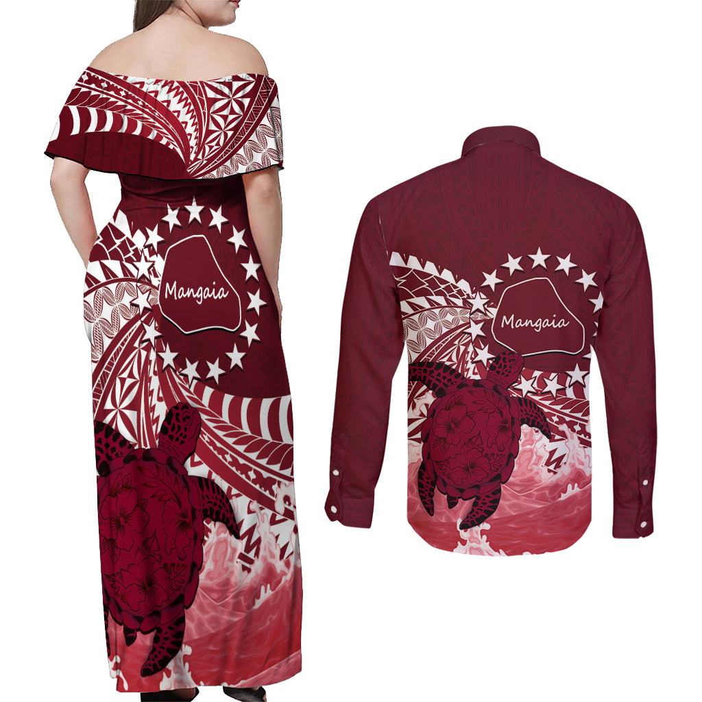 Cook Islands Mangaia Gospel Day Couples Matching Off Shoulder Maxi Dress and Long Sleeve Button Shirt Polynesian Art With Sea Turtle