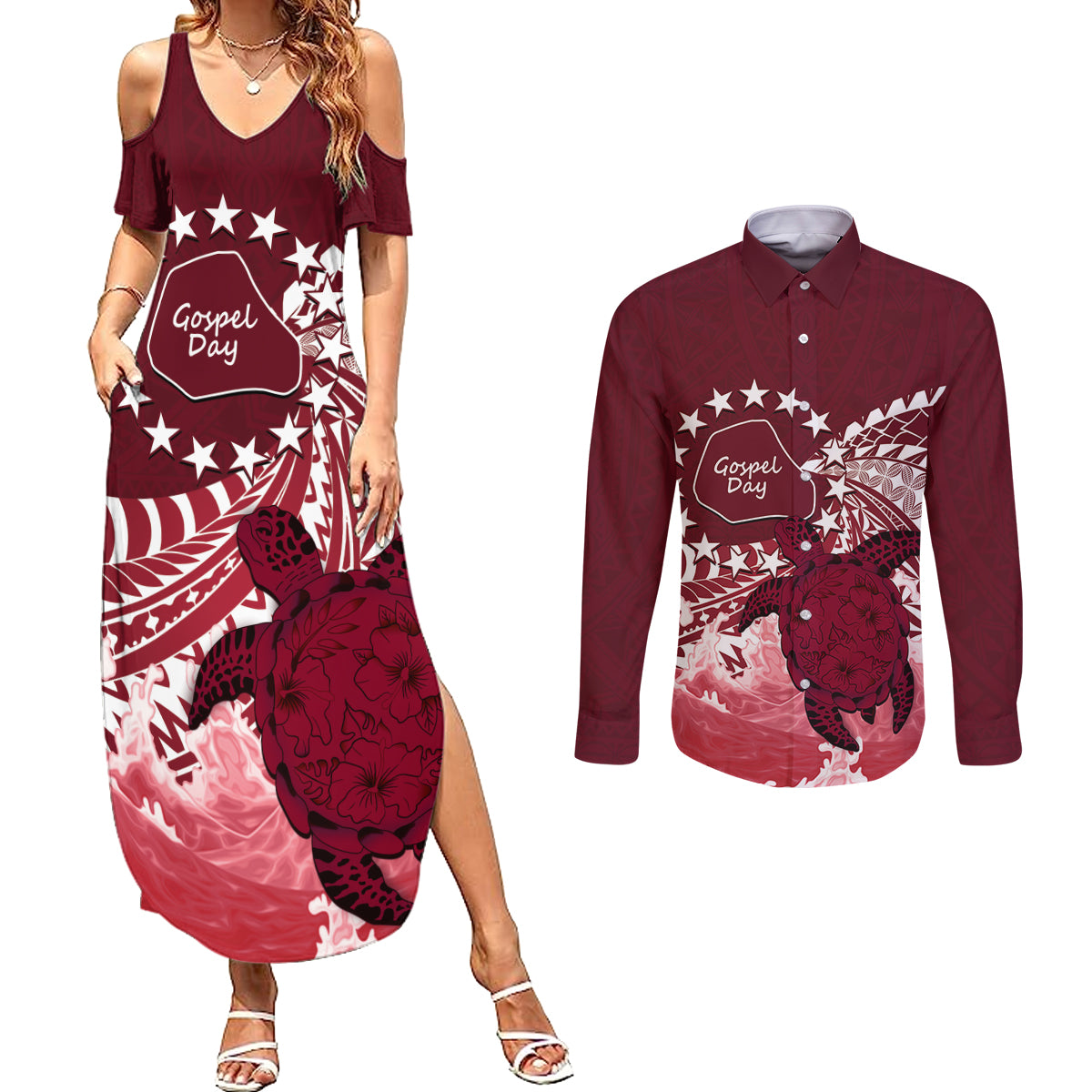 Cook Islands Mangaia Gospel Day Couples Matching Summer Maxi Dress and Long Sleeve Button Shirt Polynesian Art With Sea Turtle