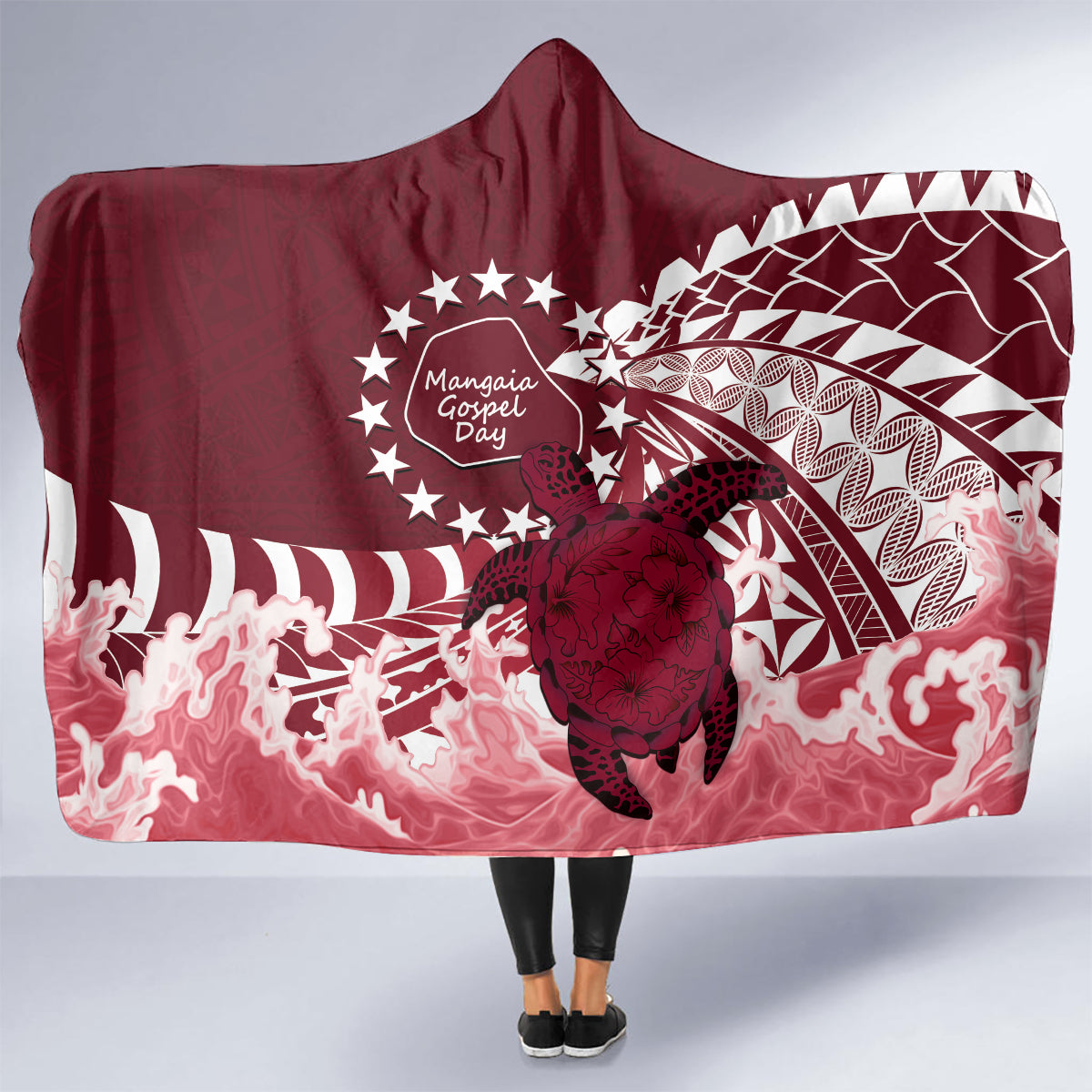 Cook Islands Mangaia Gospel Day Hooded Blanket Polynesian Art With Sea Turtle