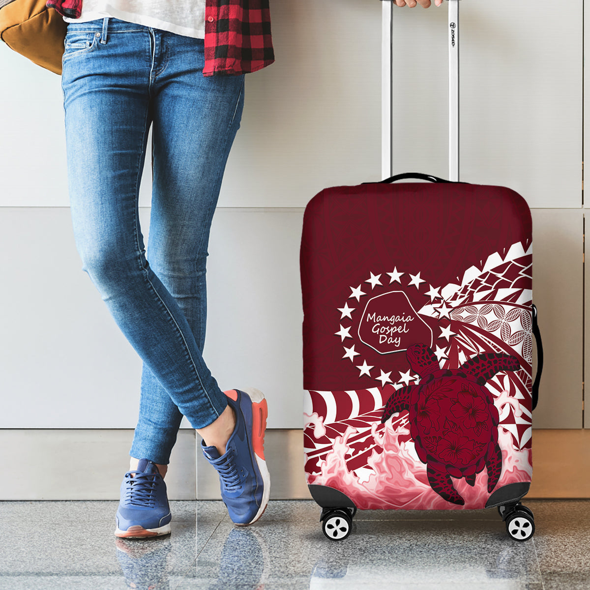 Cook Islands Mangaia Gospel Day Luggage Cover Polynesian Art With Sea Turtle