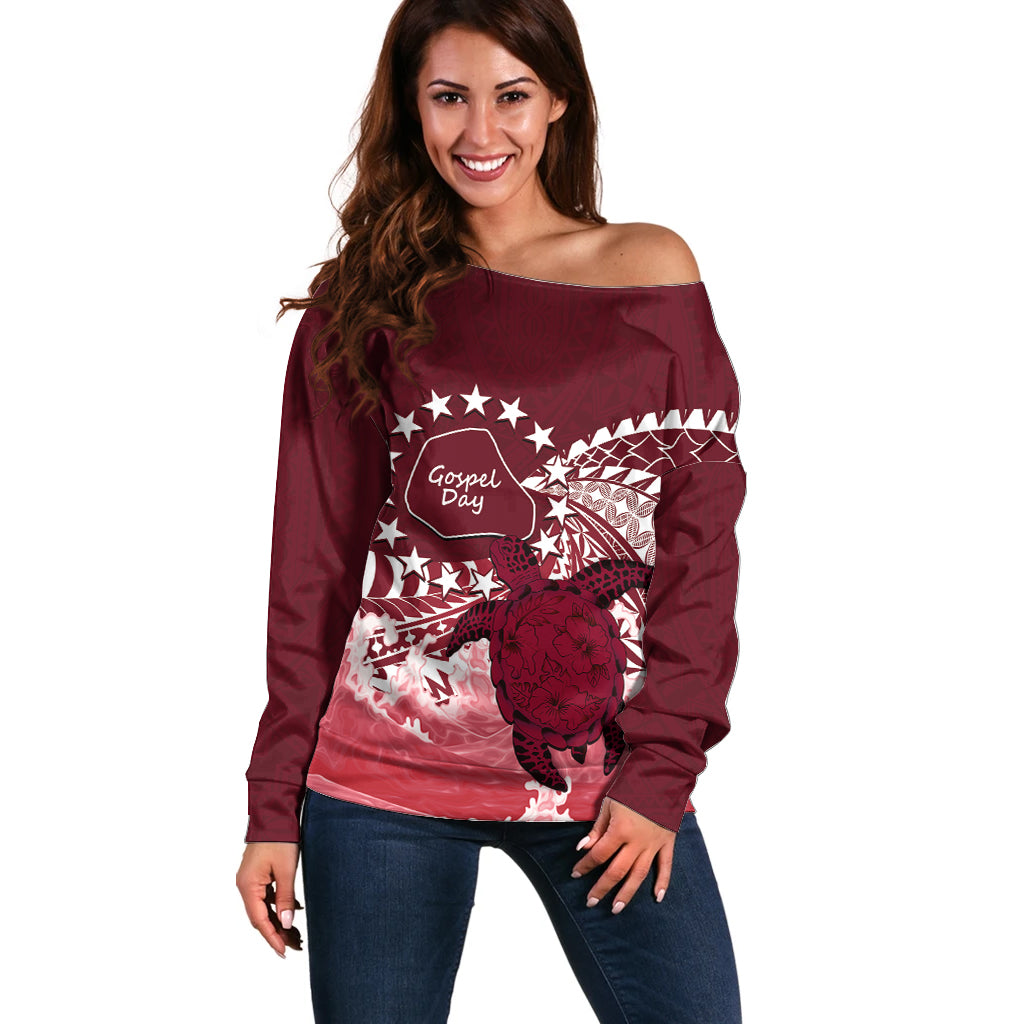 Cook Islands Mangaia Gospel Day Off Shoulder Sweater Polynesian Art With Sea Turtle