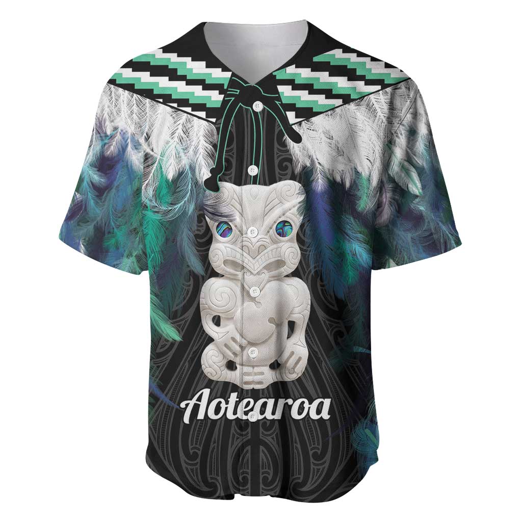 Aotearoa Korowai Motif Baseball Jersey Hei Tiki Poutama Maori Pattern LT14 Turquoise - Polynesian Pride