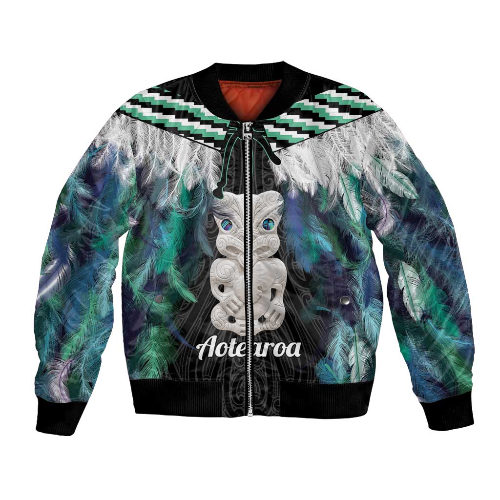 Aotearoa Korowai Motif Bomber Jacket Hei Tiki Poutama Maori Pattern LT14 Unisex Turquoise - Polynesian Pride