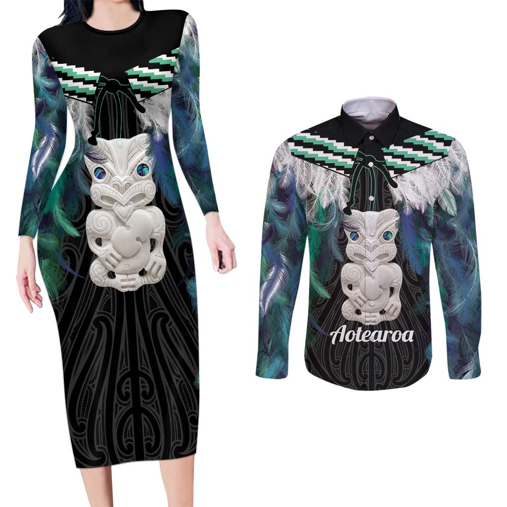 Aotearoa Korowai Motif Couples Matching Long Sleeve Bodycon Dress and Long Sleeve Button Shirt Hei Tiki Poutama Maori Pattern LT14 Turquoise - Polynesian Pride