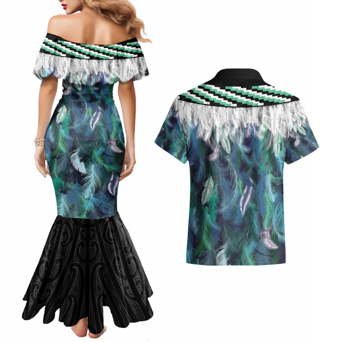 Aotearoa Korowai Motif Couples Matching Mermaid Dress and Hawaiian Shirt Hei Tiki Poutama Maori Pattern LT14 - Polynesian Pride