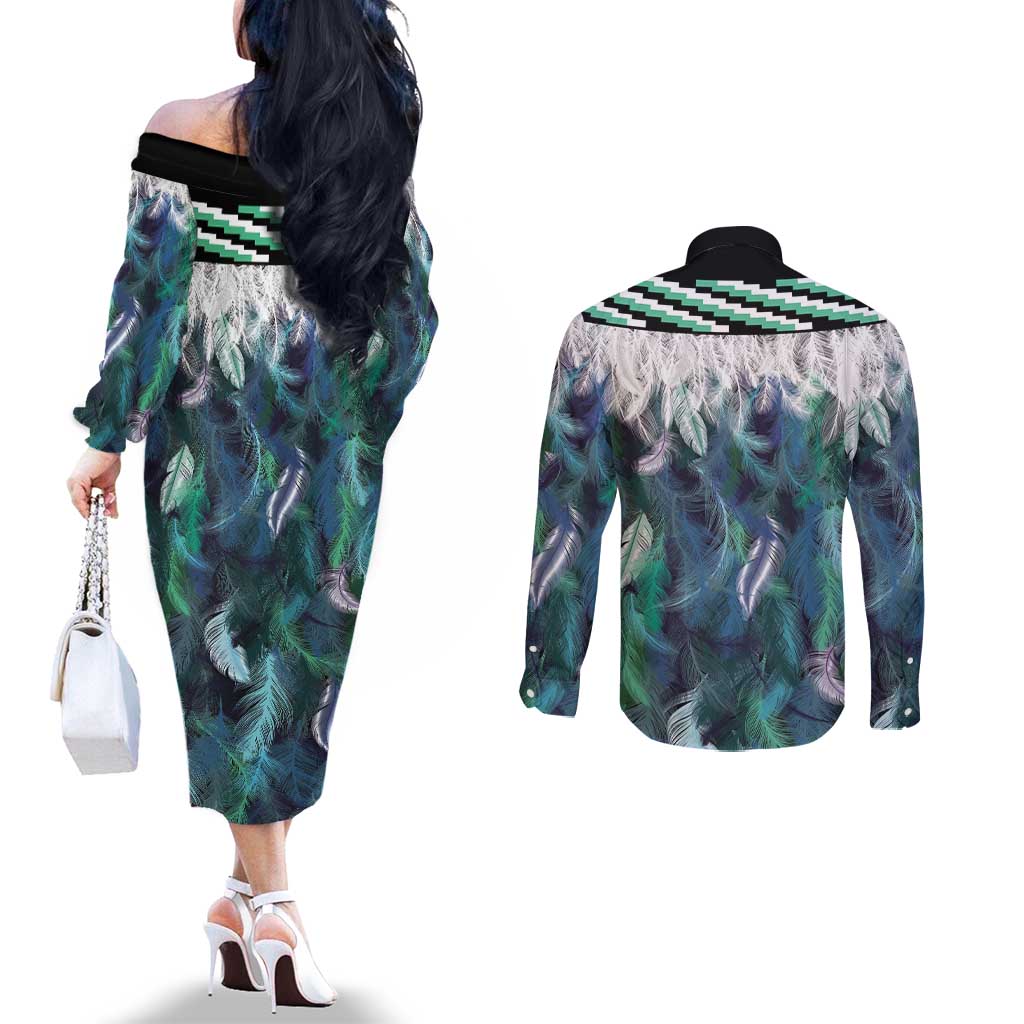 Aotearoa Korowai Motif Couples Matching Off The Shoulder Long Sleeve Dress and Long Sleeve Button Shirt Hei Tiki Poutama Maori Pattern LT14 - Polynesian Pride