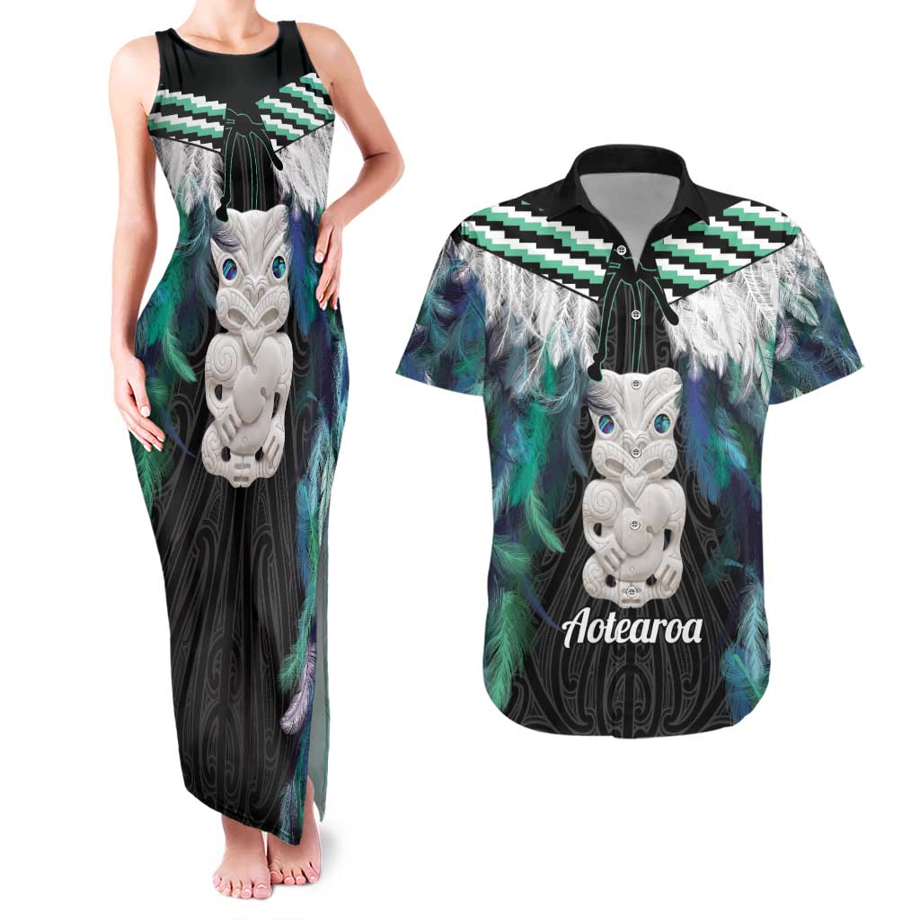 Aotearoa Korowai Motif Couples Matching Tank Maxi Dress and Hawaiian Shirt Hei Tiki Poutama Maori Pattern LT14 Turquoise - Polynesian Pride