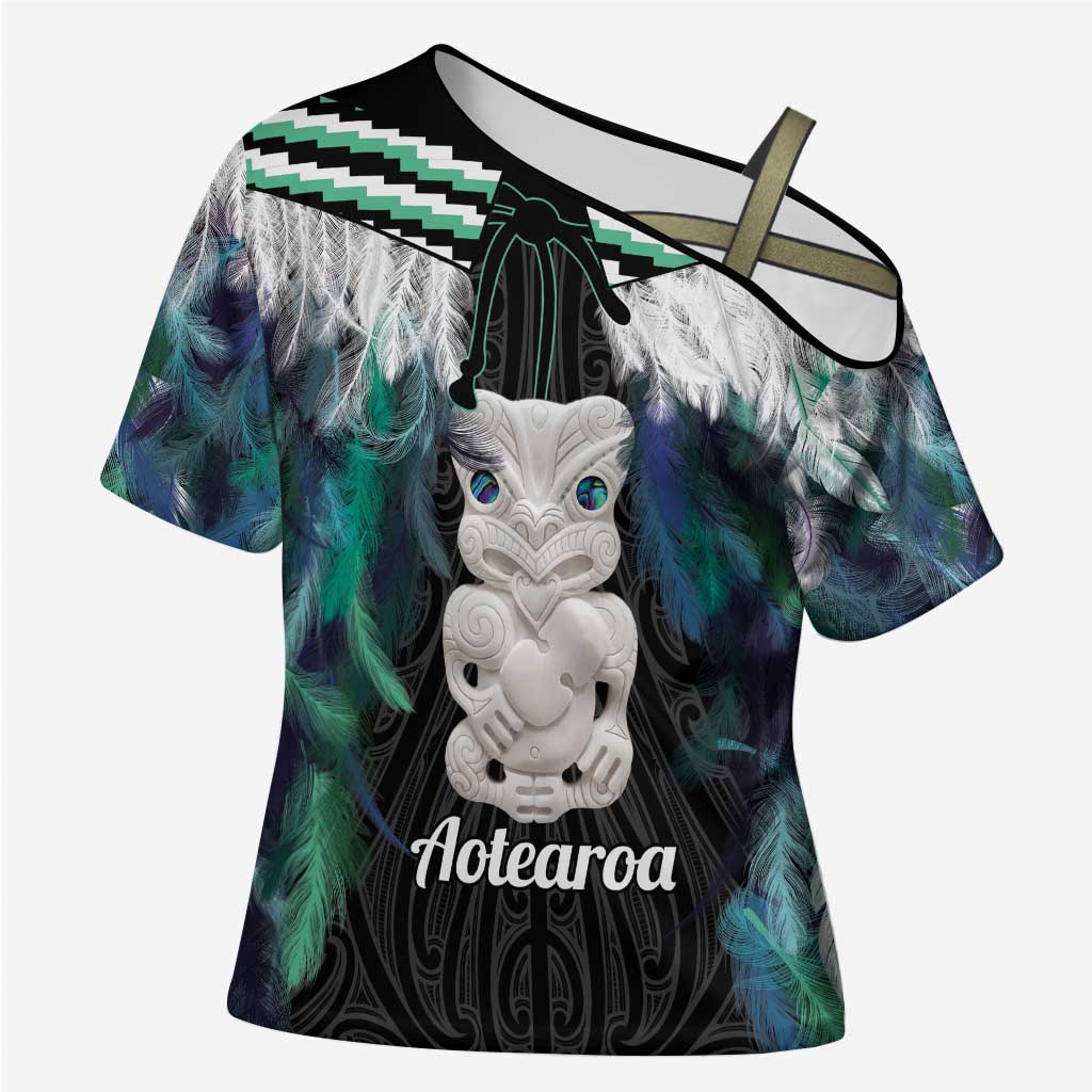 Aotearoa Korowai Motif Cross Shoulder Shirt Hei Tiki Poutama Maori Pattern - Polynesian Pride