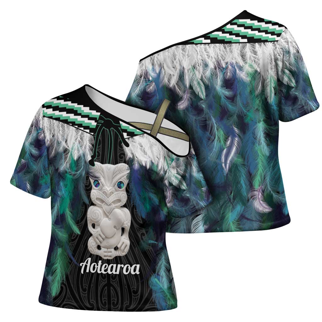 Aotearoa Korowai Motif Cross Shoulder Shirt Hei Tiki Poutama Maori Pattern - Polynesian Pride
