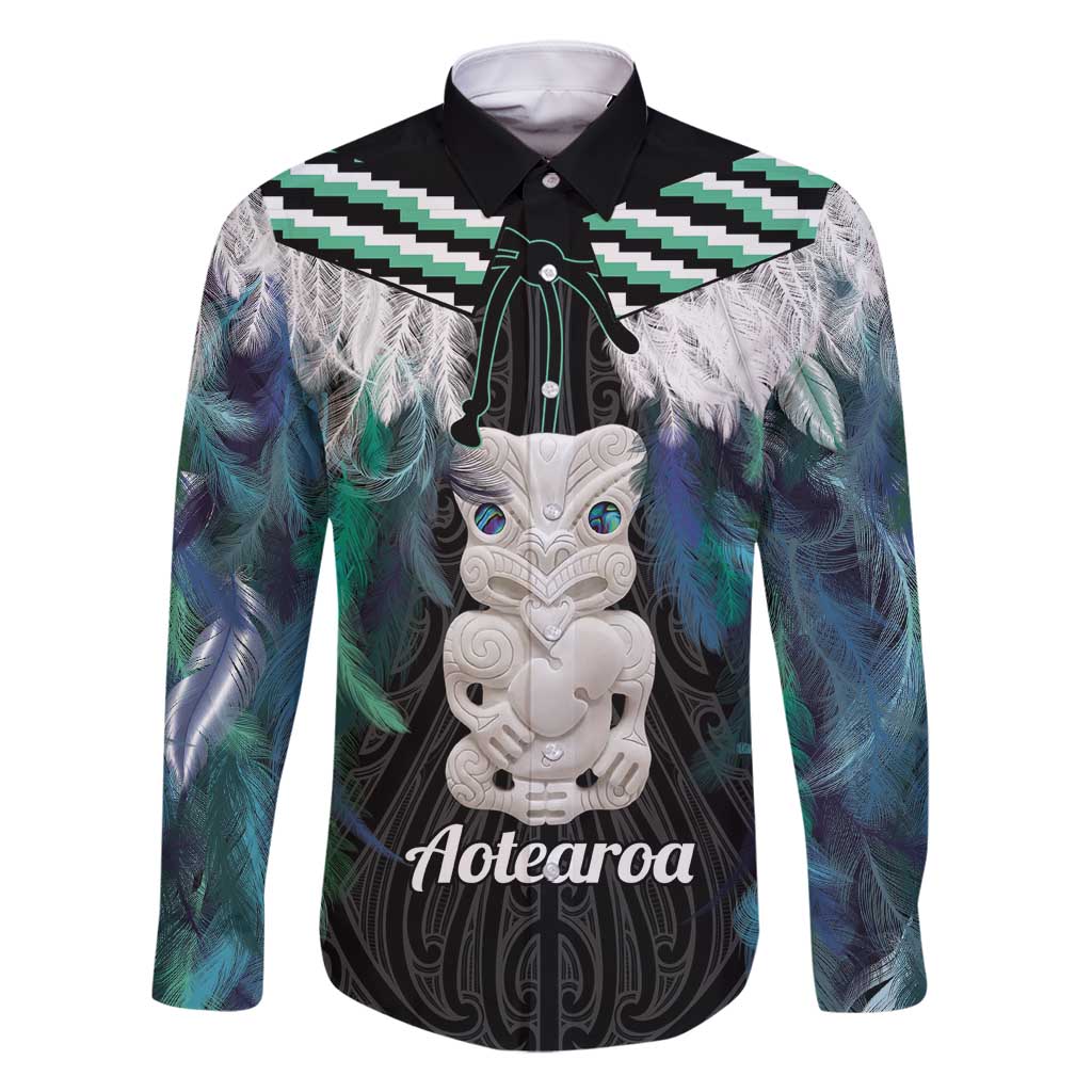 Aotearoa Korowai Motif Family Matching Long Sleeve Bodycon Dress and Hawaiian Shirt Hei Tiki Poutama Maori Pattern LT14 Dad's Shirt - Long Sleeve Turquoise - Polynesian Pride