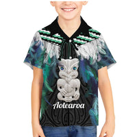 Aotearoa Korowai Motif Family Matching Mermaid Dress and Hawaiian Shirt Hei Tiki Poutama Maori Pattern LT14 Son's Shirt Turquoise - Polynesian Pride
