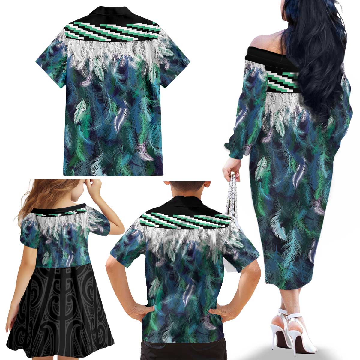 Aotearoa Korowai Motif Family Matching Off The Shoulder Long Sleeve Dress and Hawaiian Shirt Hei Tiki Poutama Maori Pattern