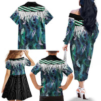 Aotearoa Korowai Motif Family Matching Off The Shoulder Long Sleeve Dress and Hawaiian Shirt Hei Tiki Poutama Maori Pattern